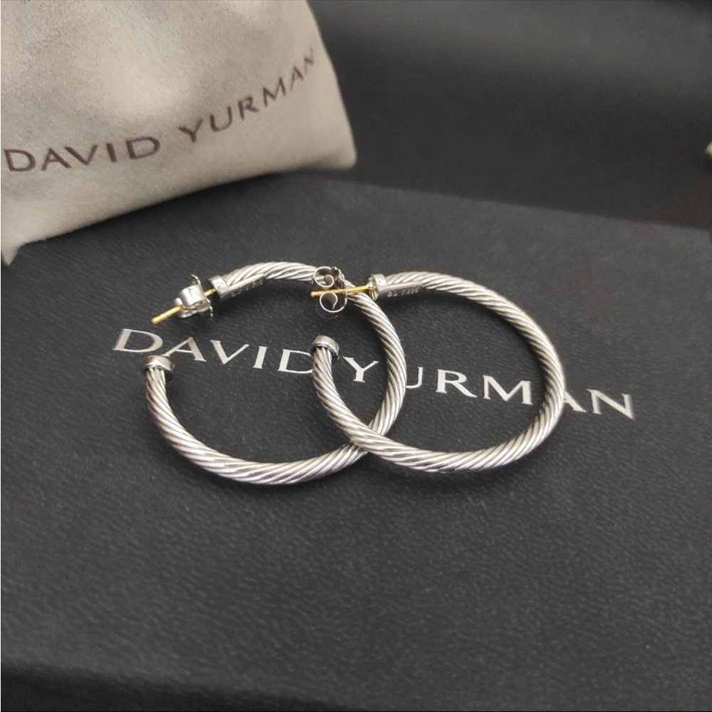 David Yurman Silver Cable Hoop Earrings - Twisted Rope Design